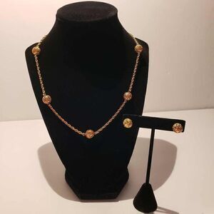 Gold tone Filagree Balls Necklace and Pierced Earrings
